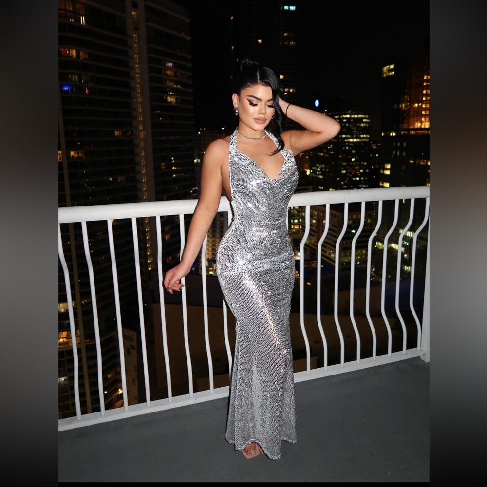 Sequin halter backless maxi dress - silver